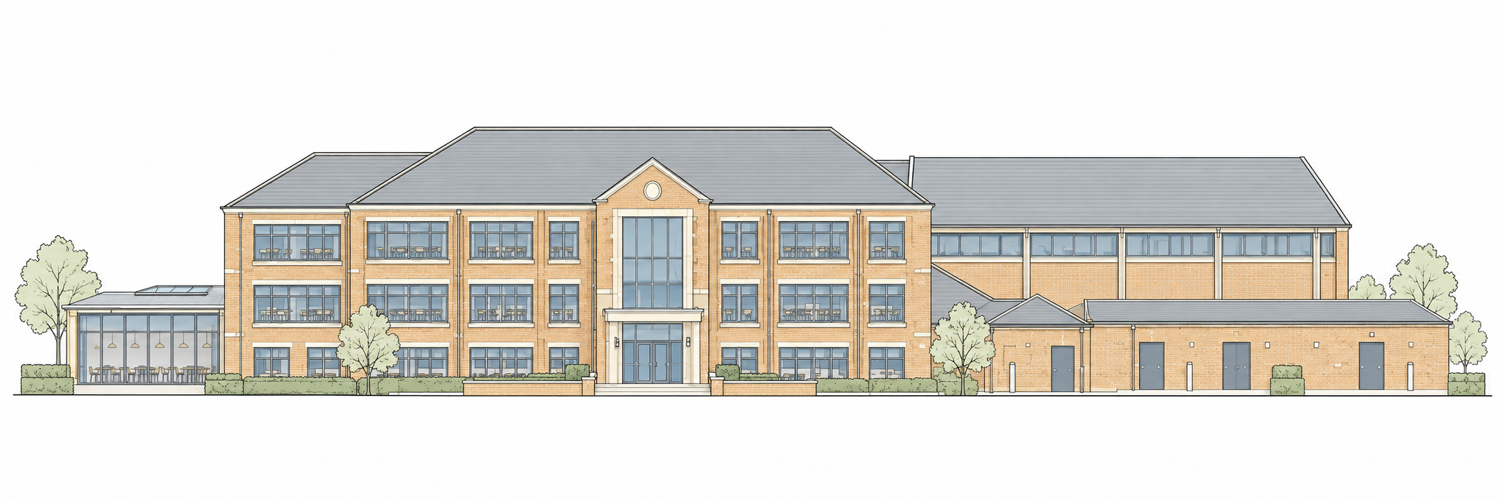 Architectural front elevation of Oakfield School: a central entrance block with two lower wings